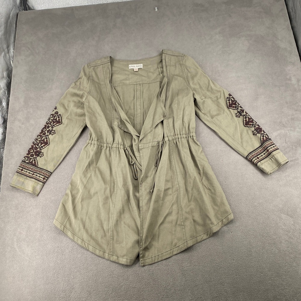 Knox Rose Olive Green Embroidered Open Front Utility Jacket Boho Rayon Medium